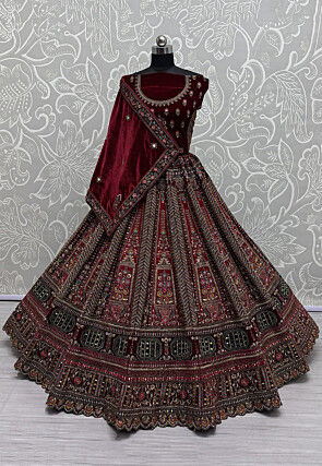 Embroidered Velvet Lehenga in Maroon