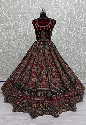 Embroidered Velvet Lehenga in Maroon