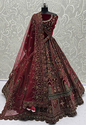 Embroidered Velvet Lehenga in Maroon