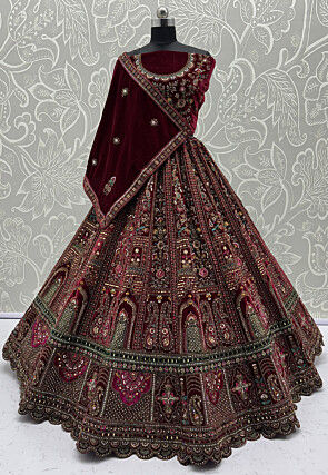 Embroidered Velvet Lehenga in Maroon