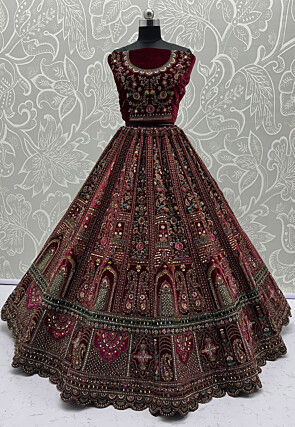 Embroidered Velvet Lehenga in Maroon