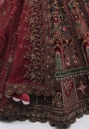Embroidered Velvet Lehenga in Maroon