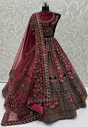 Embroidered Velvet Lehenga in Maroon
