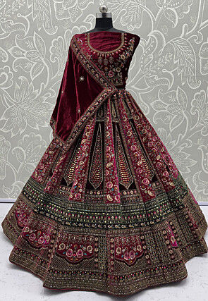 Embroidered Velvet Lehenga in Maroon