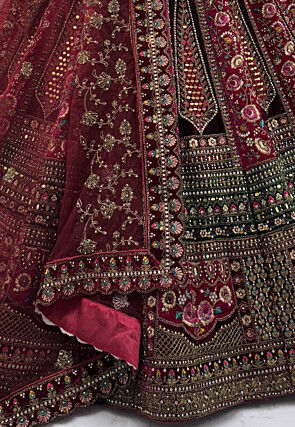 Embroidered Velvet Lehenga in Maroon