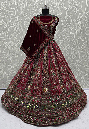 Embroidered Velvet Lehenga in Maroon