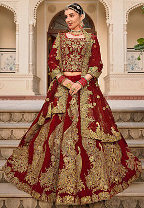 Embroidered Velvet Lehenga in Maroon