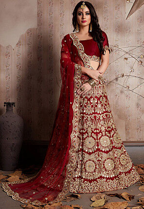 Embroidered Velvet Lehenga in Maroon