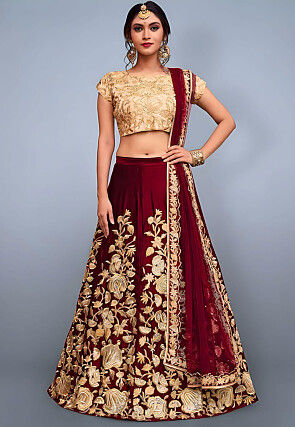 Embroidered Velvet Lehenga in Maroon