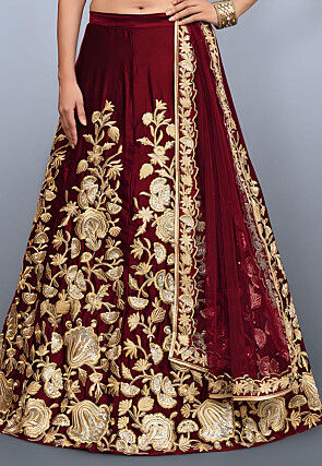 Embroidered Velvet Lehenga in Maroon
