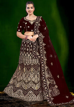 Embroidered Velvet Lehenga in Maroon