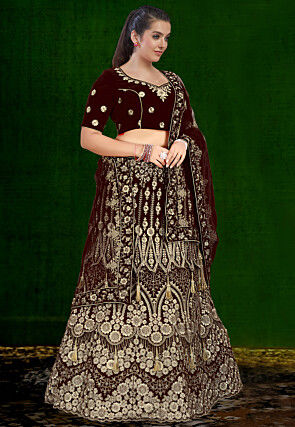 Embroidered Velvet Lehenga in Maroon