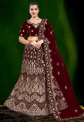 Embroidered Velvet Lehenga in Maroon