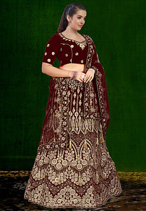 Embroidered Velvet Lehenga in Maroon
