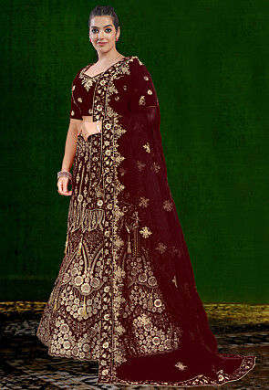 Embroidered Velvet Lehenga in Maroon
