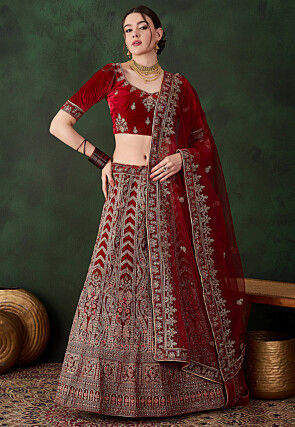 Embroidered Velvet Lehenga in Maroon