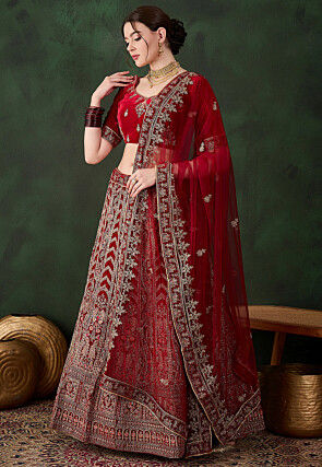 Embroidered Velvet Lehenga in Maroon
