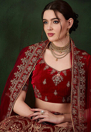 Embroidered Velvet Lehenga in Maroon