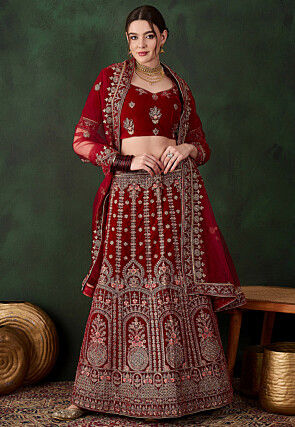 Embroidered Velvet Lehenga in Maroon