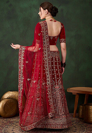 Embroidered Velvet Lehenga in Maroon