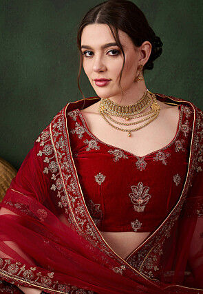 Embroidered Velvet Lehenga in Maroon
