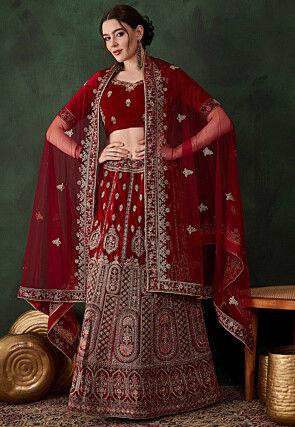 Embroidered Velvet Lehenga in Maroon