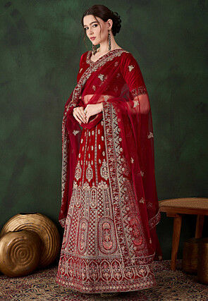 Embroidered Velvet Lehenga in Maroon