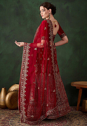 Embroidered Velvet Lehenga in Maroon
