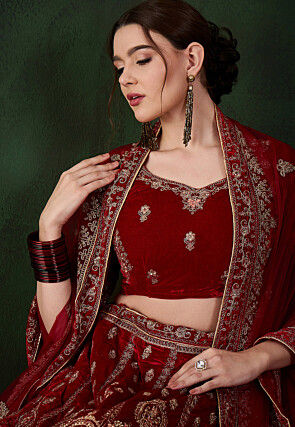 Embroidered Velvet Lehenga in Maroon