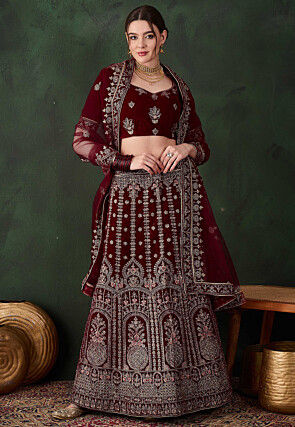 Embroidered Velvet Lehenga in Maroon