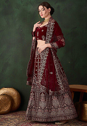 Embroidered Velvet Lehenga in Maroon
