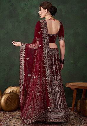 Embroidered Velvet Lehenga in Maroon