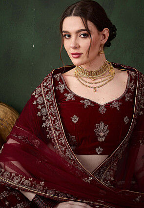 Embroidered Velvet Lehenga in Maroon