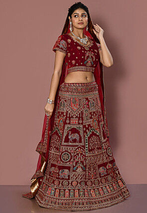 Embroidered Velvet Lehenga in Maroon