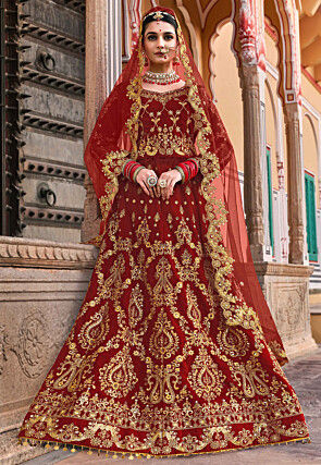 Embroidered Velvet Lehenga in Maroon