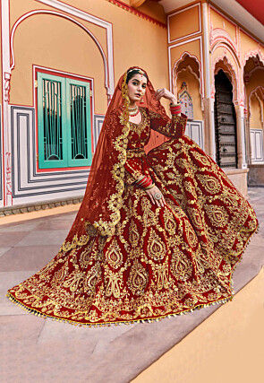 Embroidered Velvet Lehenga in Maroon