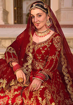 Embroidered Velvet Lehenga in Maroon