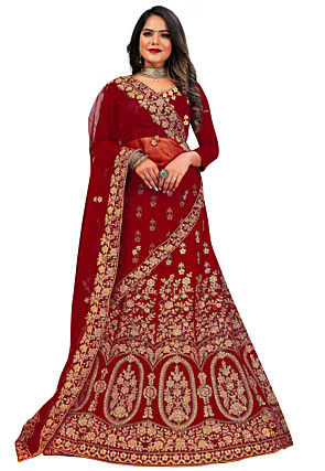 Embroidered Velvet Lehenga in Maroon