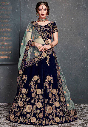 Embroidered Velvet Lehenga in Navy Blue