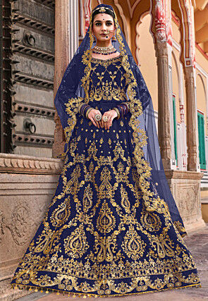 Embroidered Velvet Lehenga in Navy Blue
