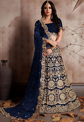 Embroidered Velvet Lehenga in Navy Blue