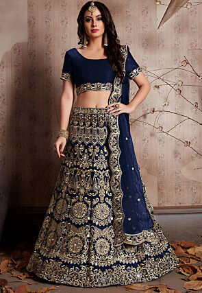 Embroidered Velvet Lehenga in Navy Blue