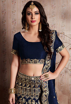 Embroidered Velvet Lehenga in Navy Blue