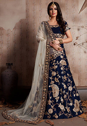 Embroidered Velvet Lehenga in Navy Blue