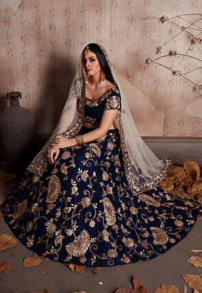 Embroidered Velvet Lehenga in Navy Blue