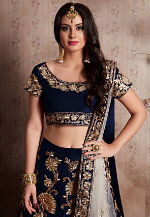 Embroidered Velvet Lehenga in Navy Blue