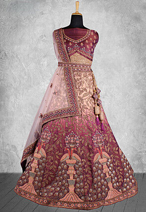 Embroidered Velvet Lehenga in Peach and Brown