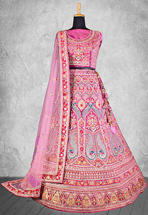 Embroidered Velvet Lehenga in Pink