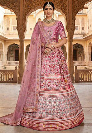 Embroidered Velvet Lehenga in Pink