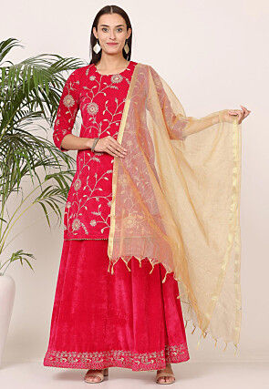 Embroidered Velvet Lehenga in Pink